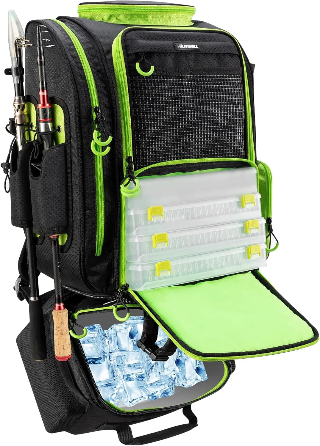 BLISSWILL Large Fishing Backpack with Cooler for 3 Tackle Boxes - Fishing Bag with Rod Holders for Camping and Hiking