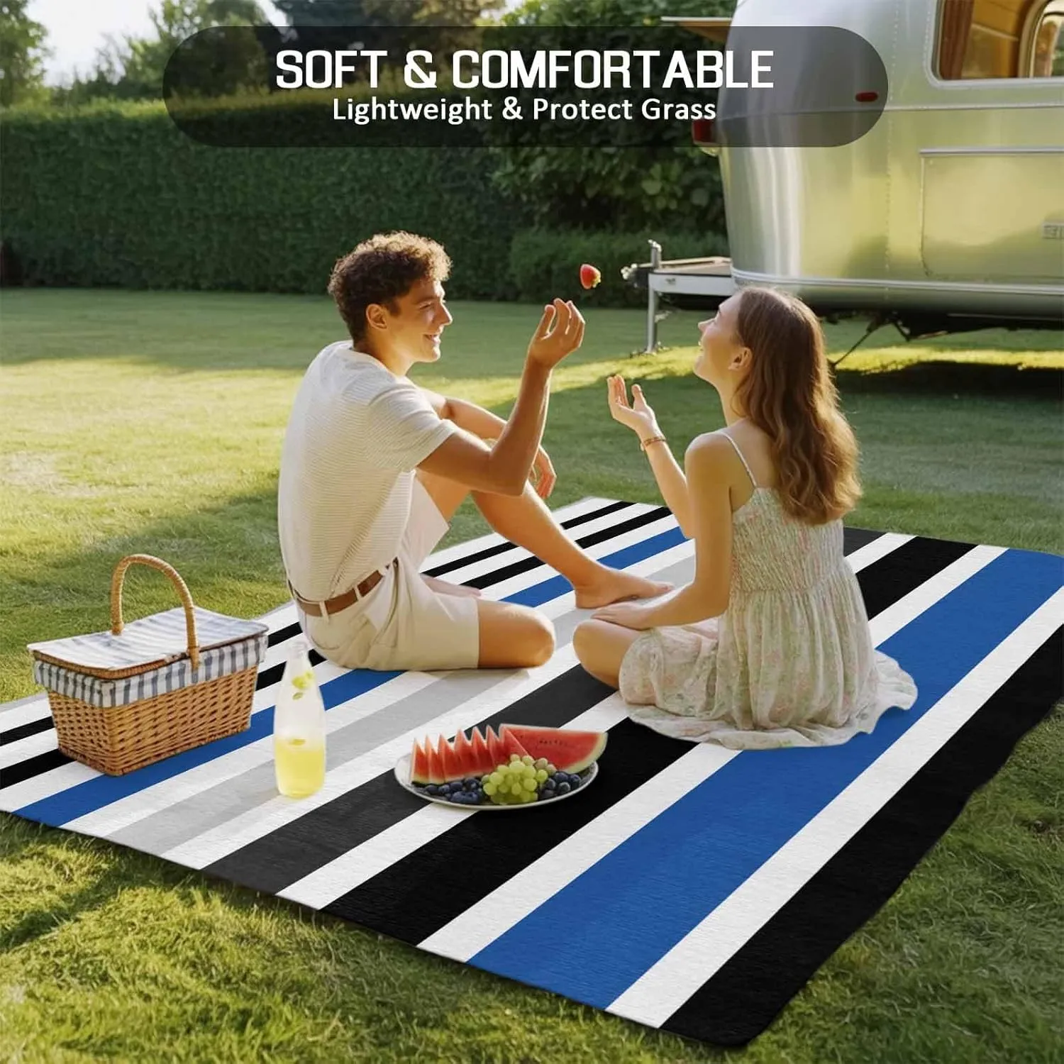 Blue Black Outdoor Patio Rug 4x6ft Large, Washable RV Camping Outside Area Runner Rug Mat, Grey White Geometric Simple Striped Indoor Outdoor Carpet for Picnic Backyard Deck Porch Balcony Beach