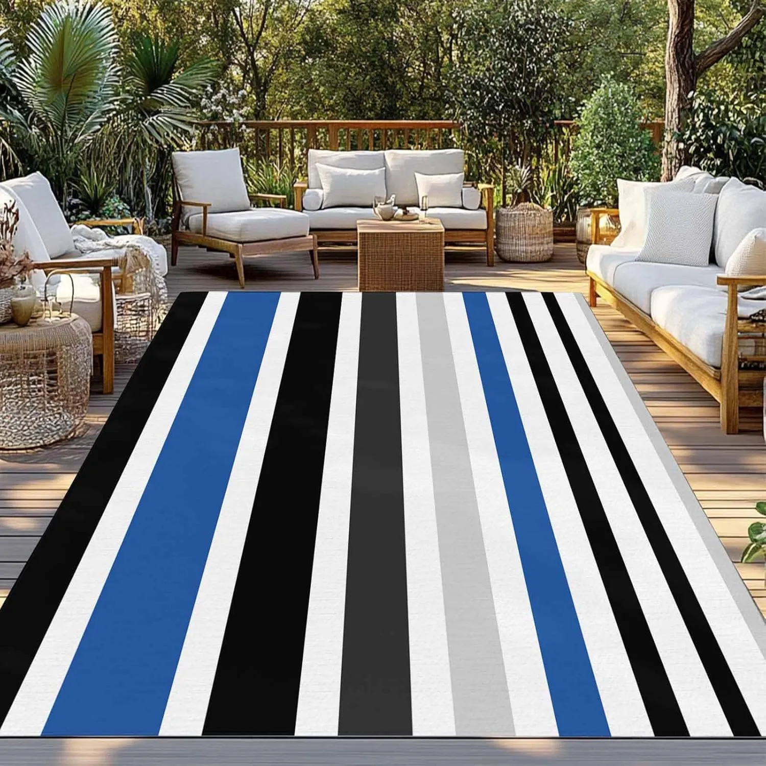 Blue Black Outdoor Patio Rug 4x6ft Large, Washable RV Camping Outside Area Runner Rug Mat, Grey White Geometric Simple Striped Indoor Outdoor Carpet for Picnic Backyard Deck Porch Balcony Beach