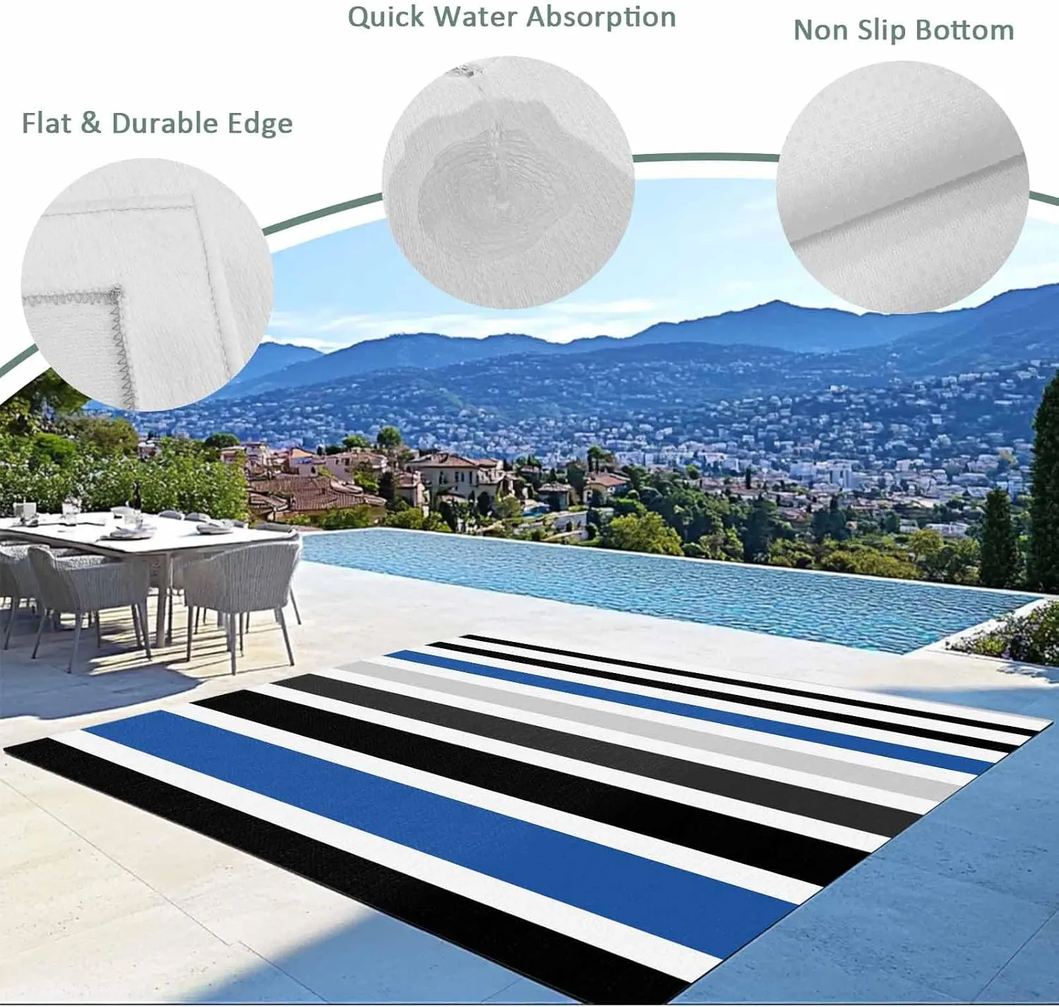 Blue Black Outdoor Patio Rug 4x6ft Large, Washable RV Camping Outside Area Runner Rug Mat, Grey White Geometric Simple Striped Indoor Outdoor Carpet for Picnic Backyard Deck Porch Balcony Beach