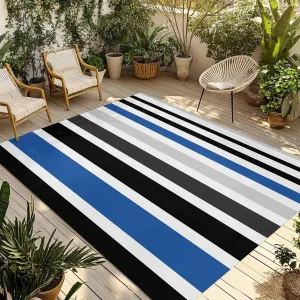 Blue Black Outdoor Patio Rug 4x6ft Large, Washable RV Camping Outside Area Runner Rug Mat, Grey White Geometric Simple Striped Indoor Outdoor Carpet for Picnic Backyard Deck Porch Balcony Beach