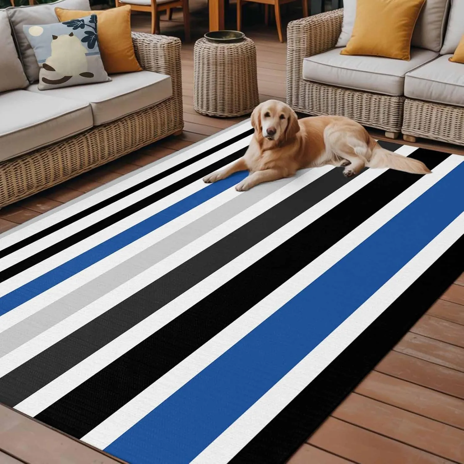 Blue Black Outdoor Patio Rug 4x6ft Large, Washable RV Camping Outside Area Runner Rug Mat, Grey White Geometric Simple Striped Indoor Outdoor Carpet for Picnic Backyard Deck Porch Balcony Beach