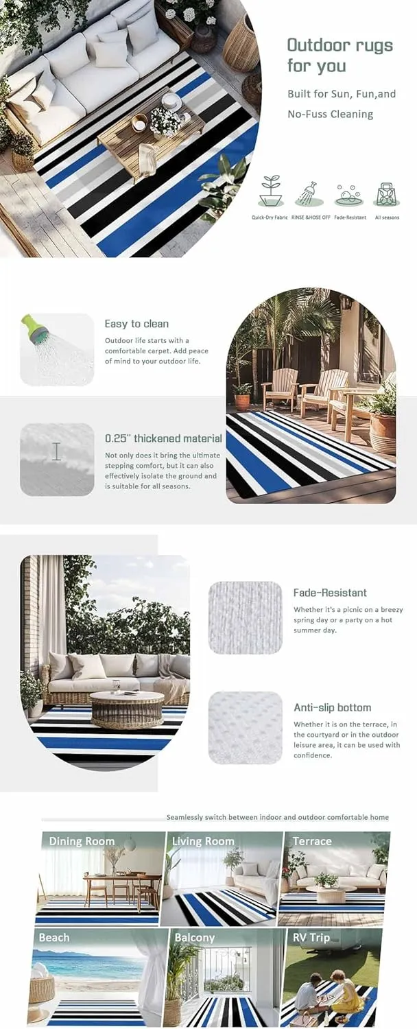 Blue Black Outdoor Patio Rug 4x6ft Large, Washable RV Camping Outside Area Runner Rug Mat, Grey White Geometric Simple Striped Indoor Outdoor Carpet for Picnic Backyard Deck Porch Balcony Beach