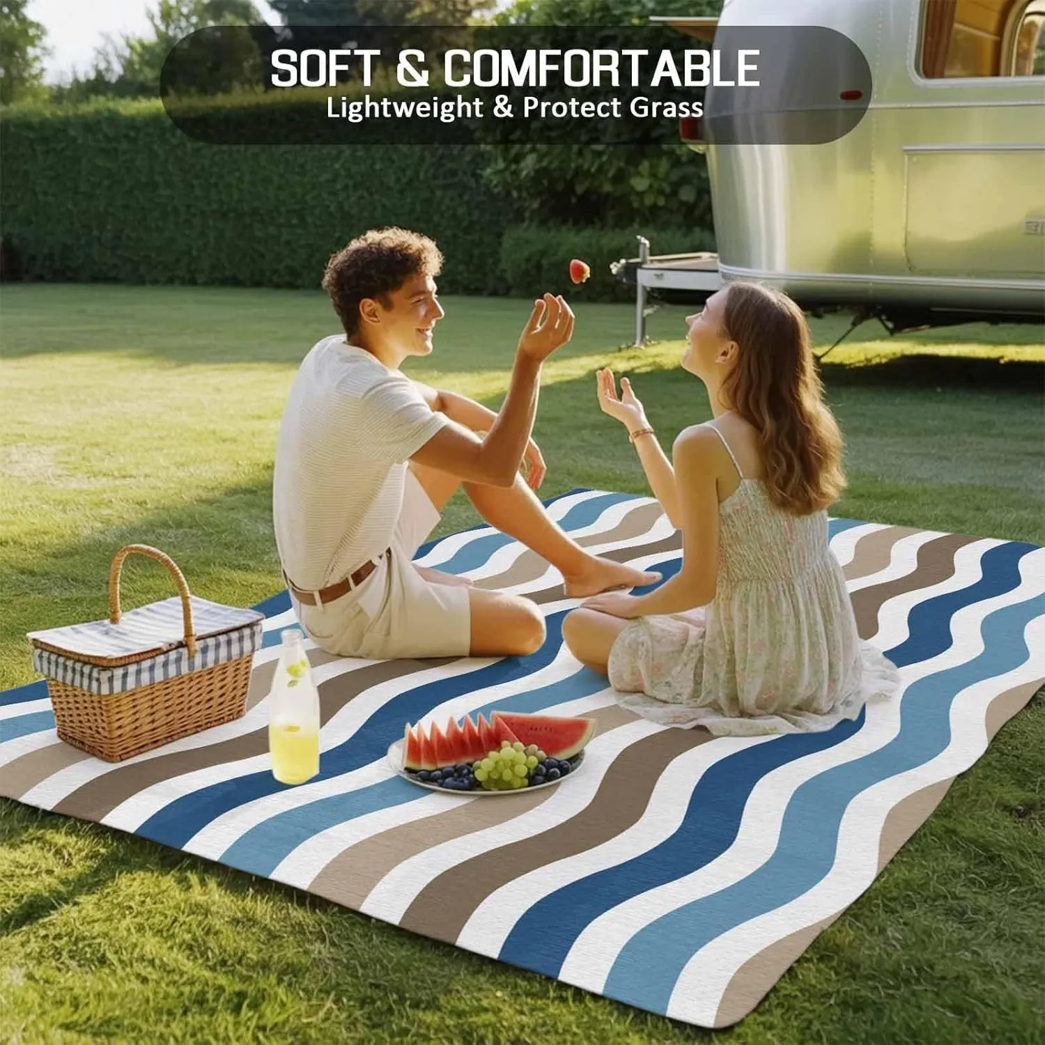 Blue Brown White Outdoor Rug 6x9ft Large Patio Rug,Washable RV Camping Outside Area Runner Rug Mat,Modern Geometric Gradient Ocean Striped Carpet for Picnic Backyard Deck Porch Balcony Beach & Indoor