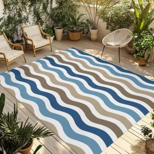 Blue Brown White Outdoor Rug 6x9ft Large Patio Rug,Washable RV Camping Outside Area Runner Rug Mat,Modern Geometric Gradient Ocean Striped Carpet for Picnic Backyard Deck Porch Balcony Beach & Indoor
