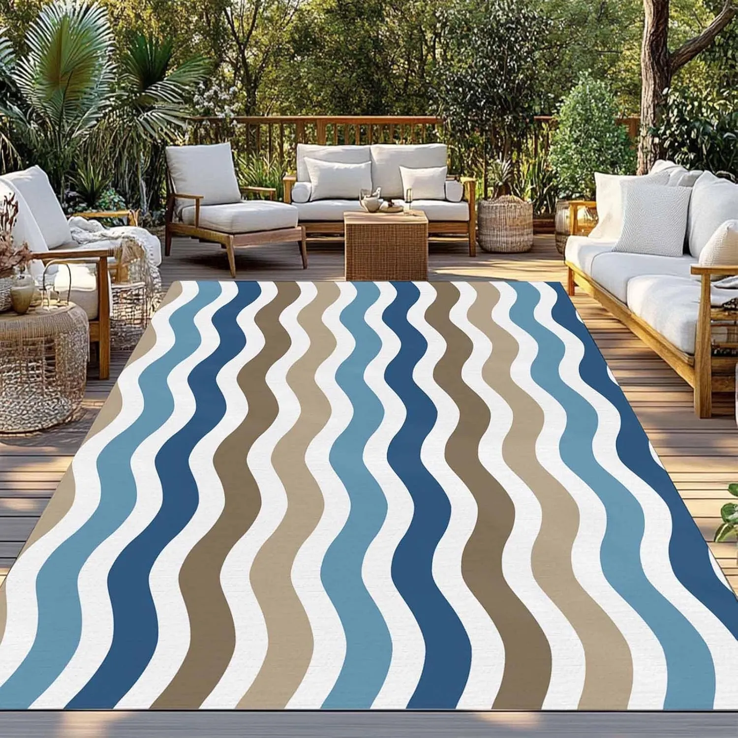 Blue Brown White Outdoor Rug 6x9ft Large Patio Rug,Washable RV Camping Outside Area Runner Rug Mat,Modern Geometric Gradient Ocean Striped Carpet for Picnic Backyard Deck Porch Balcony Beach & Indoor