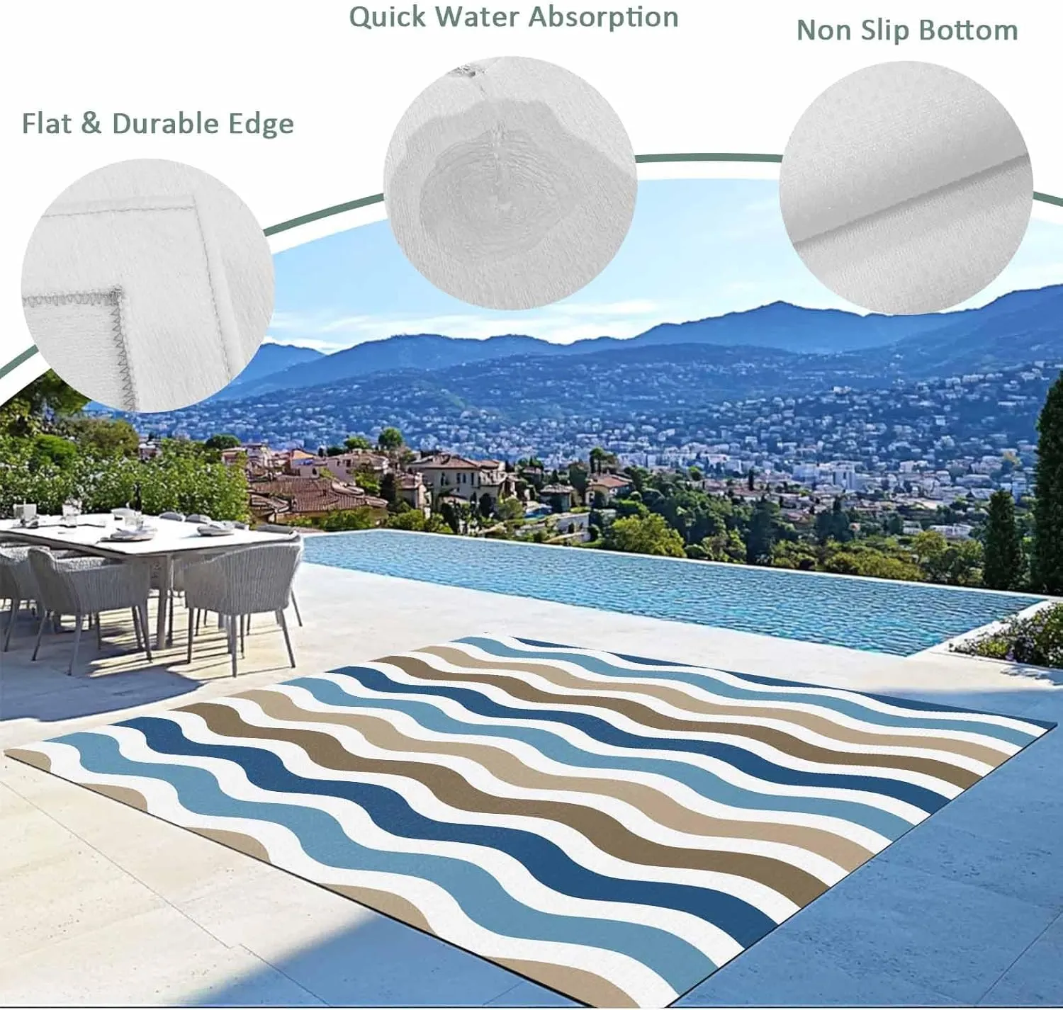 Blue Brown White Outdoor Rug 6x9ft Large Patio Rug,Washable RV Camping Outside Area Runner Rug Mat,Modern Geometric Gradient Ocean Striped Carpet for Picnic Backyard Deck Porch Balcony Beach & Indoor