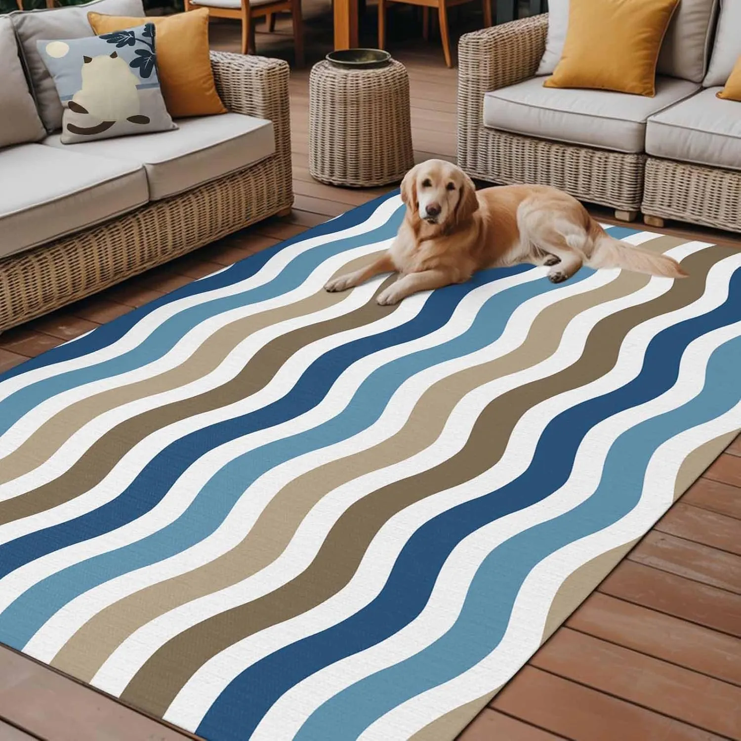 Blue Brown White Outdoor Rug 6x9ft Large Patio Rug,Washable RV Camping Outside Area Runner Rug Mat,Modern Geometric Gradient Ocean Striped Carpet for Picnic Backyard Deck Porch Balcony Beach & Indoor