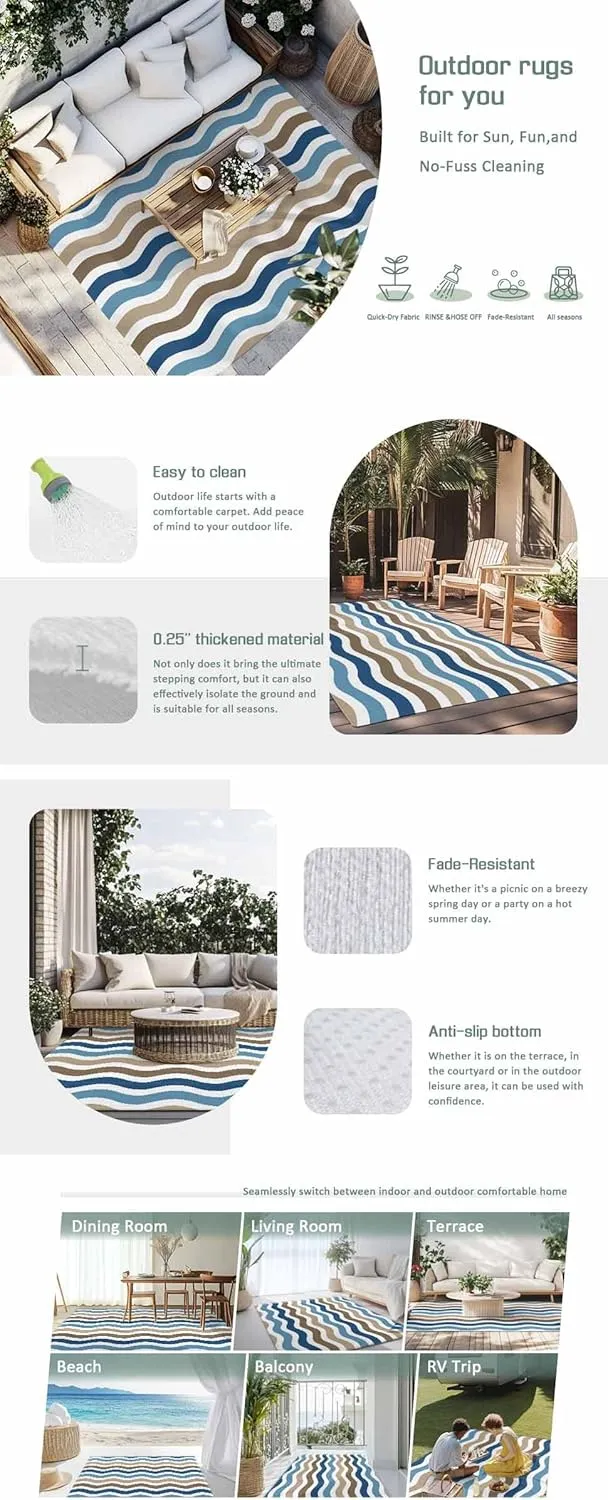 Blue Brown White Outdoor Rug 6x9ft Large Patio Rug,Washable RV Camping Outside Area Runner Rug Mat,Modern Geometric Gradient Ocean Striped Carpet for Picnic Backyard Deck Porch Balcony Beach & Indoor