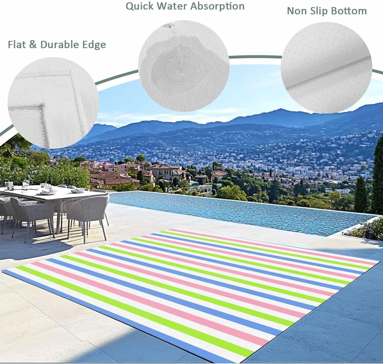 Blue Pink Stripe Outdoor Rug 4x6ft Large Patio Rug,Washable RV Camping Outside Area Runner Rug Mat,Minimalist Geometric Green White Striped Carpet for Picnic Backyard Deck Porch Balcony Beach Indoor