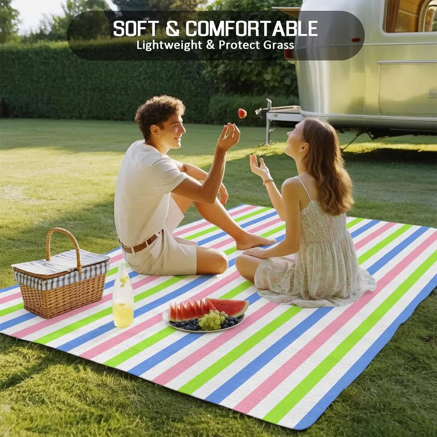 Blue Pink Stripe Outdoor Rug 4x6ft Large Patio Rug,Washable RV Camping Outside Area Runner Rug Mat,Minimalist Geometric Green White Striped Carpet for Picnic Backyard Deck Porch Balcony Beach Indoor