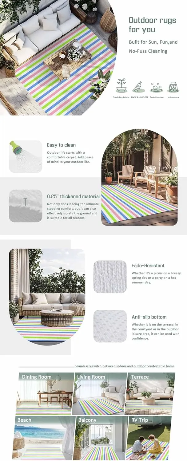 Blue Pink Stripe Outdoor Rug 4x6ft Large Patio Rug,Washable RV Camping Outside Area Runner Rug Mat,Minimalist Geometric Green White Striped Carpet for Picnic Backyard Deck Porch Balcony Beach Indoor