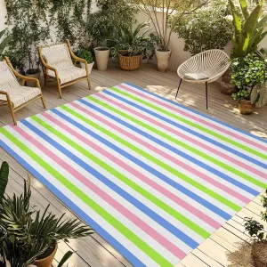 Blue Pink Stripe Outdoor Rug 4x6ft Large Patio Rug,Washable RV Camping Outside Area Runner Rug Mat,Minimalist Geometric Green White Striped Carpet for Picnic Backyard Deck Porch Balcony Beach Indoor