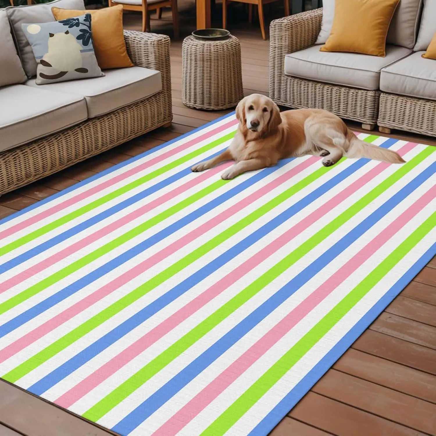 Blue Pink Stripe Outdoor Rug 4x6ft Large Patio Rug,Washable RV Camping Outside Area Runner Rug Mat,Minimalist Geometric Green White Striped Carpet for Picnic Backyard Deck Porch Balcony Beach Indoor