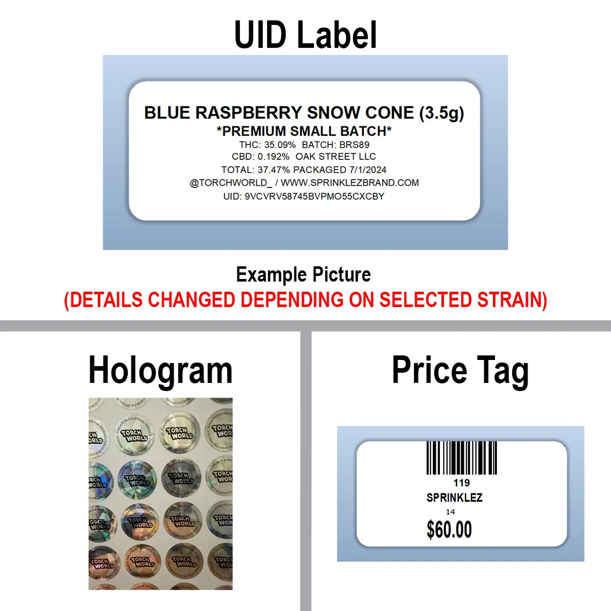 Blue Raspberry Snow Cone 3.5g Mylar Bags Sprinklez Torch World (made-to-order)