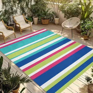 Blue Stripe Outdoor Patio Rug 5x8ft Large, Washable RV Camping Outside Area Runner Rug Mat, Geometric Multicolored Vertical Striped Indoor Outdoor Carpet for Picnic Backyard Deck Porch Balcony Beach