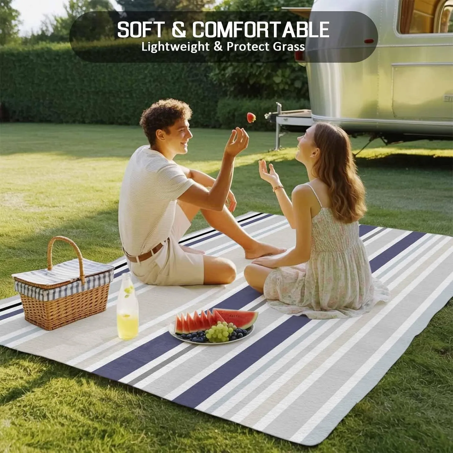 Blue Stripe Outdoor Rug 4x6ft Large Patio Rug,Washable RV Camping Outside Area Runner Rug Mat,Farmhouse Geometric Grey Horizontal Striped Carpet for Picnic Backyard Deck Porch Balcony Beach & Indoor