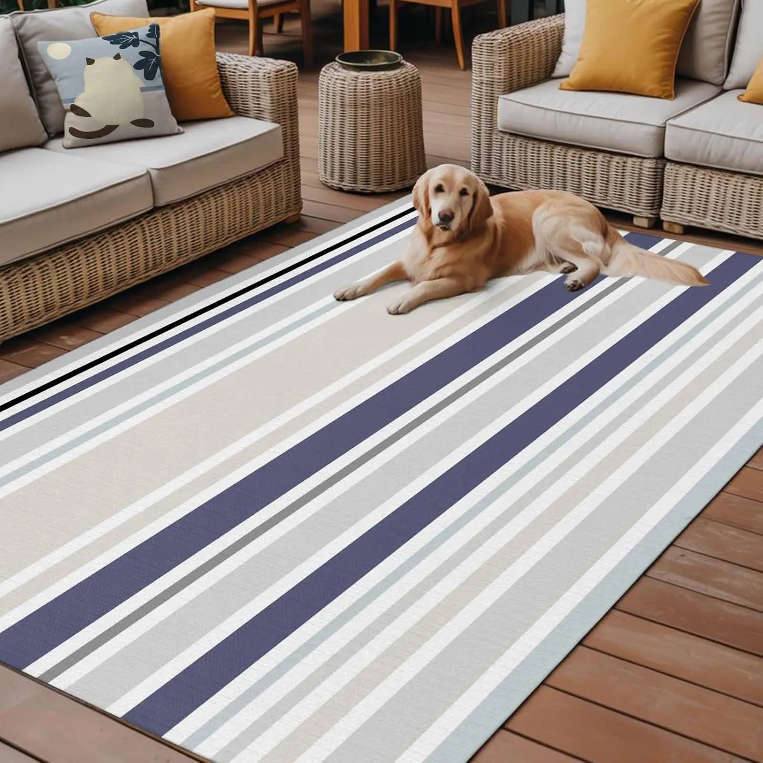 Blue Stripe Outdoor Rug 4x6ft Large Patio Rug,Washable RV Camping Outside Area Runner Rug Mat,Farmhouse Geometric Grey Horizontal Striped Carpet for Picnic Backyard Deck Porch Balcony Beach & Indoor