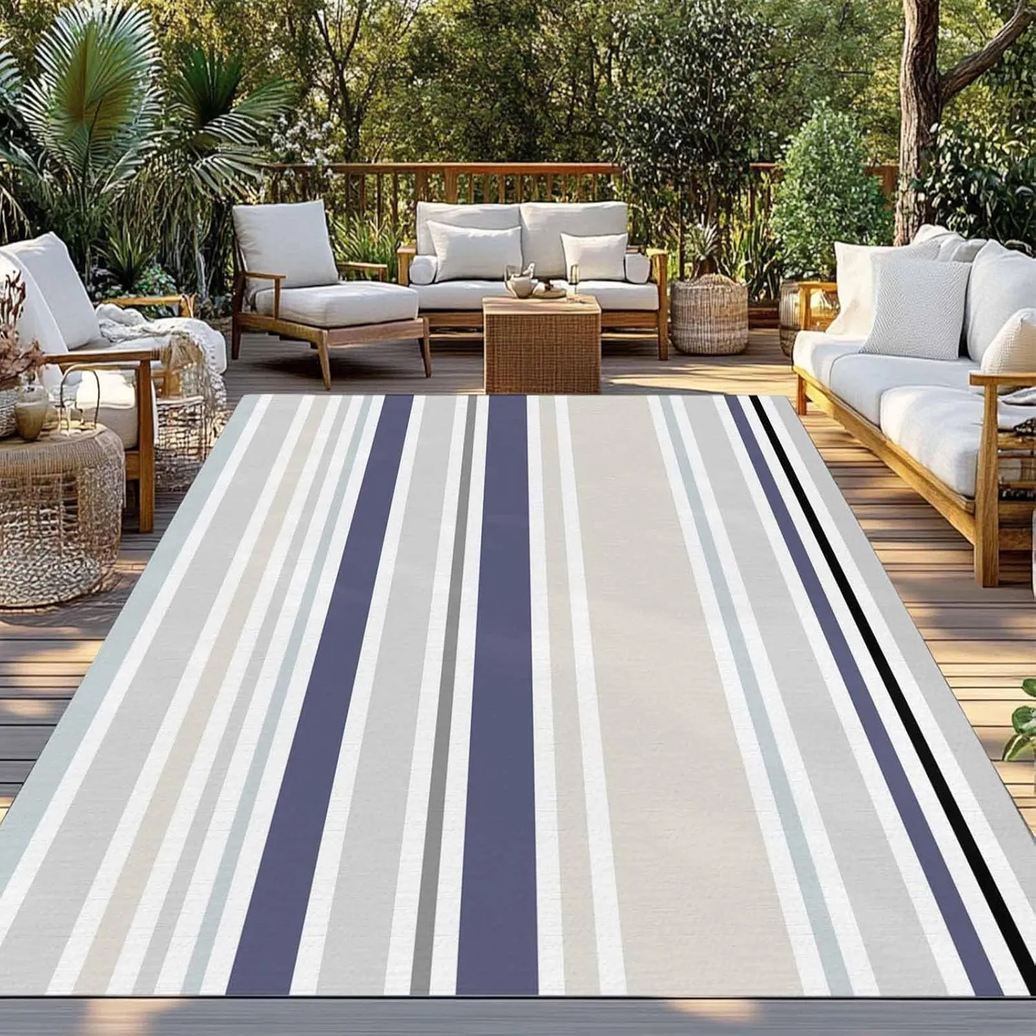 Blue Stripe Outdoor Rug 4x6ft Large Patio Rug,Washable RV Camping Outside Area Runner Rug Mat,Farmhouse Geometric Grey Horizontal Striped Carpet for Picnic Backyard Deck Porch Balcony Beach & Indoor