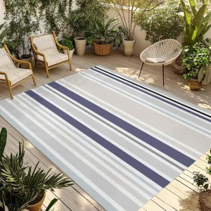 Blue Stripe Outdoor Rug 4x6ft Large Patio Rug,Washable RV Camping Outside Area Runner Rug Mat,Farmhouse Geometric Grey Horizontal Striped Carpet for Picnic Backyard Deck Porch Balcony Beach & Indoor