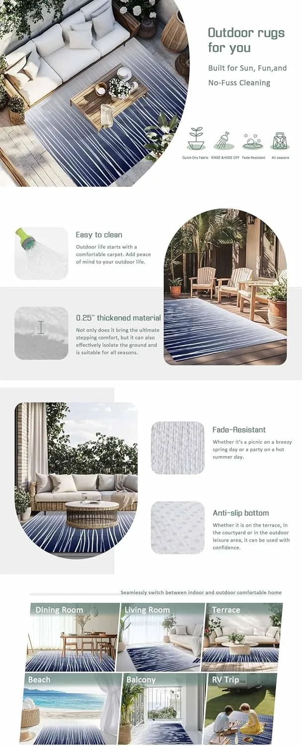 Blue White Outdoor Rug 4x6ft Large Patio Rug,Washable RV Camping Outside Area Runner Rug Mat,Ombre Gradient Striped Minimalist Texture Carpet for Picnic Backyard Deck Porch Balcony Beach & Indoor