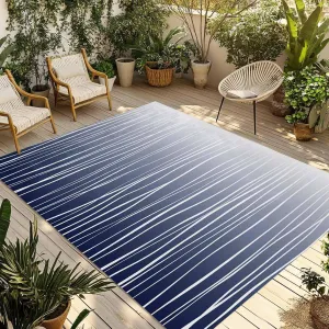Blue White Outdoor Rug 4x6ft Large Patio Rug,Washable RV Camping Outside Area Runner Rug Mat,Ombre Gradient Striped Minimalist Texture Carpet for Picnic Backyard Deck Porch Balcony Beach & Indoor