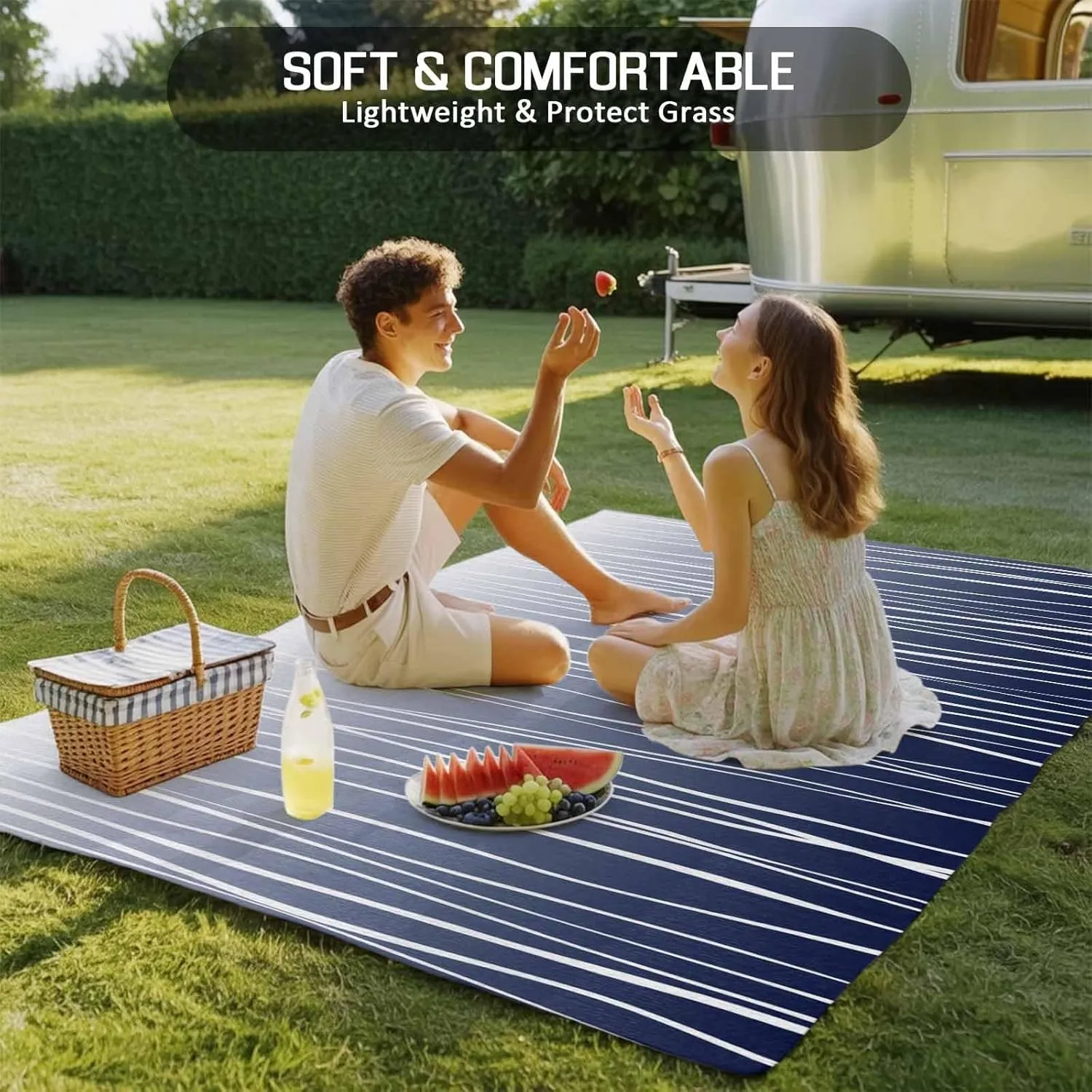 Blue White Outdoor Rug 4x6ft Large Patio Rug,Washable RV Camping Outside Area Runner Rug Mat,Ombre Gradient Striped Minimalist Texture Carpet for Picnic Backyard Deck Porch Balcony Beach & Indoor