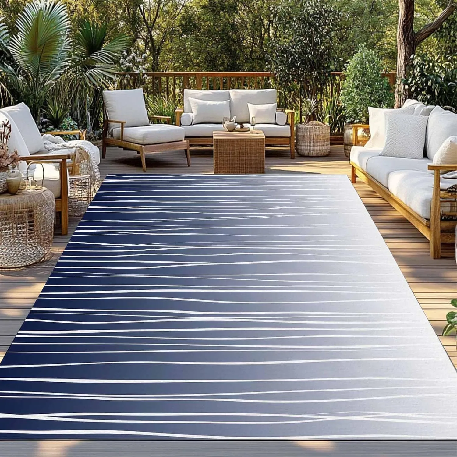 Blue White Outdoor Rug 4x6ft Large Patio Rug,Washable RV Camping Outside Area Runner Rug Mat,Ombre Gradient Striped Minimalist Texture Carpet for Picnic Backyard Deck Porch Balcony Beach & Indoor