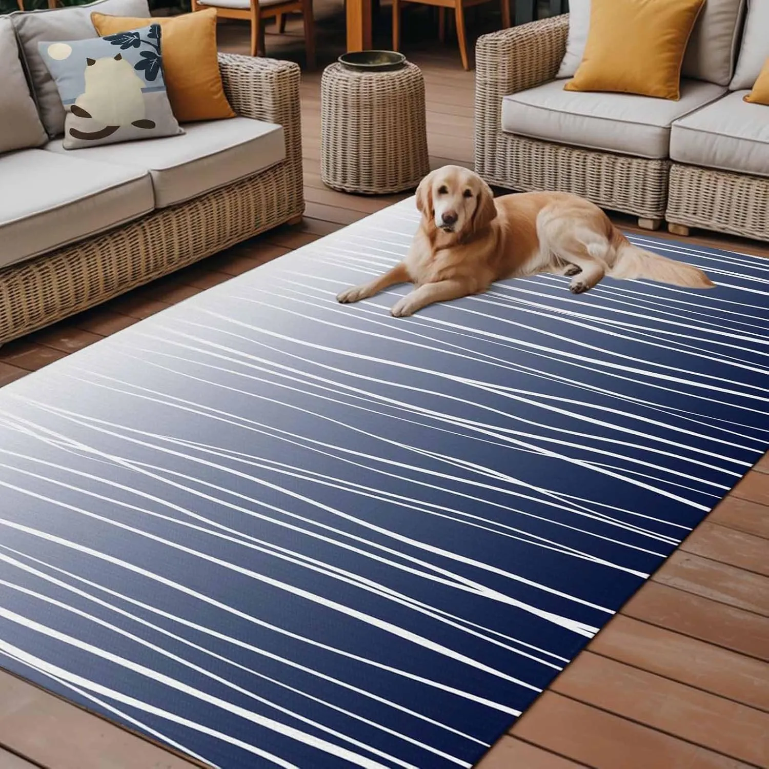 Blue White Outdoor Rug 4x6ft Large Patio Rug,Washable RV Camping Outside Area Runner Rug Mat,Ombre Gradient Striped Minimalist Texture Carpet for Picnic Backyard Deck Porch Balcony Beach & Indoor