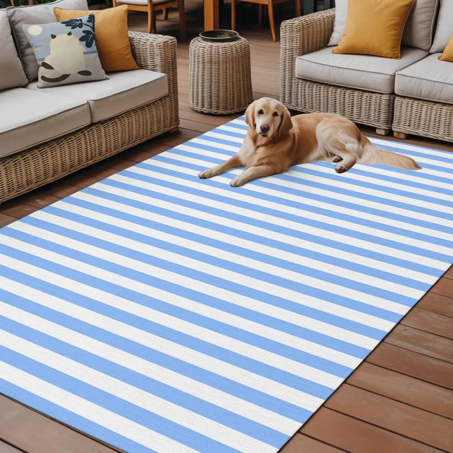 Blue White Stripe Outdoor Rug 6x9ft Large Patio Rug,Washable RV Camping Outside Area Runner Rug Mat,Modern Minimalist Geometric Striped Carpet for Picnic Backyard Deck Porch Balcony Beach & Indoor