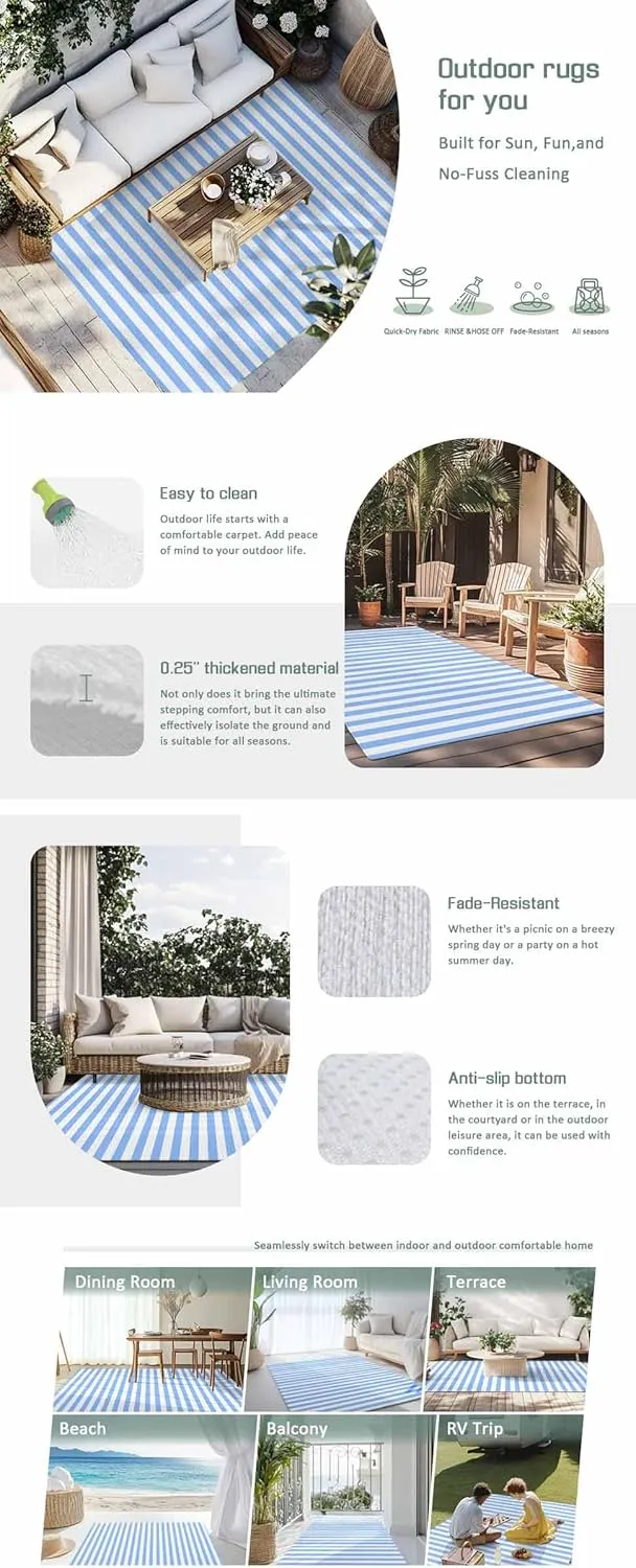 Blue White Stripe Outdoor Rug 6x9ft Large Patio Rug,Washable RV Camping Outside Area Runner Rug Mat,Modern Minimalist Geometric Striped Carpet for Picnic Backyard Deck Porch Balcony Beach & Indoor