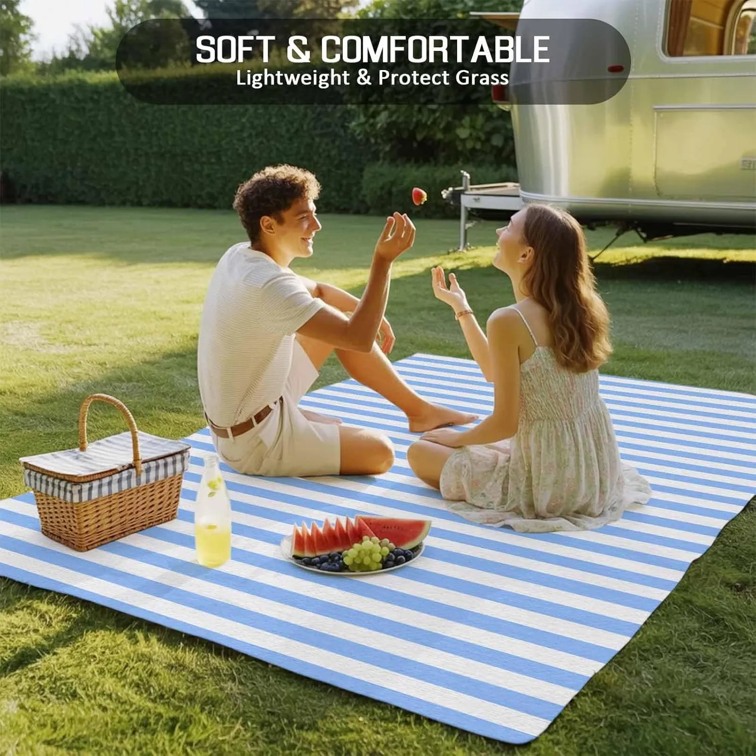 Blue White Stripe Outdoor Rug 6x9ft Large Patio Rug,Washable RV Camping Outside Area Runner Rug Mat,Modern Minimalist Geometric Striped Carpet for Picnic Backyard Deck Porch Balcony Beach & Indoor