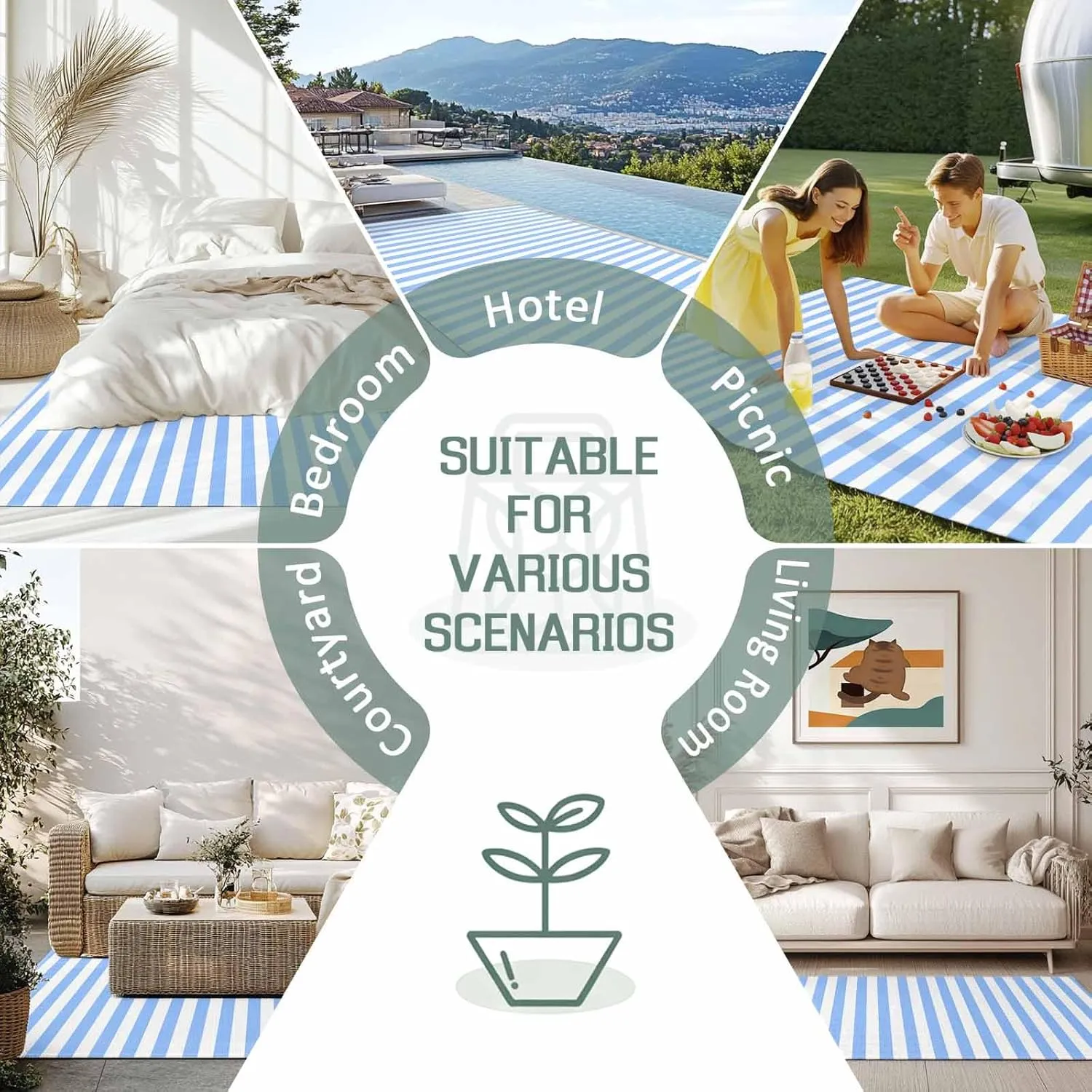 Blue White Stripe Outdoor Rug 6x9ft Large Patio Rug,Washable RV Camping Outside Area Runner Rug Mat,Modern Minimalist Geometric Striped Carpet for Picnic Backyard Deck Porch Balcony Beach & Indoor