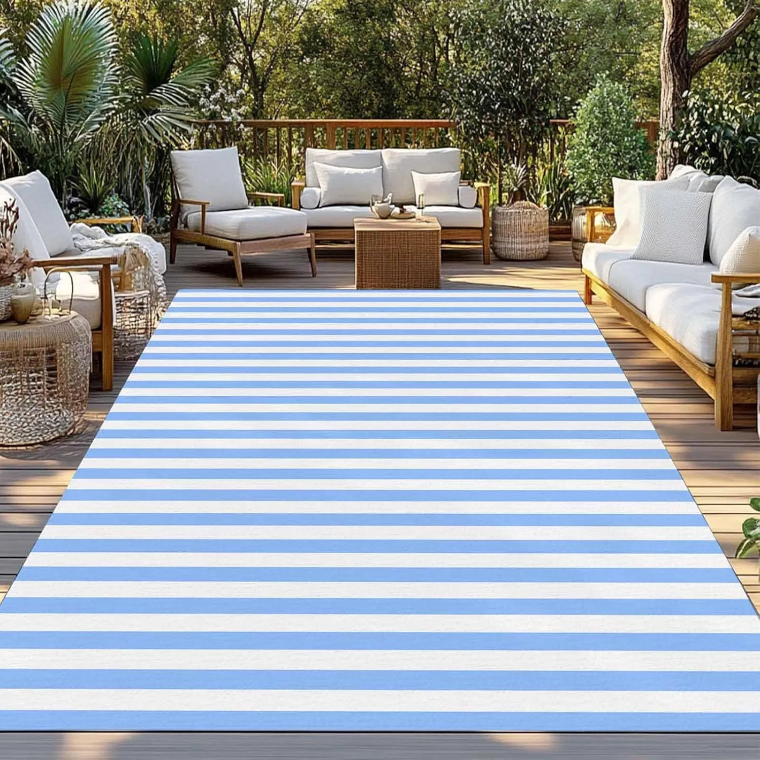 Blue White Stripe Outdoor Rug 6x9ft Large Patio Rug,Washable RV Camping Outside Area Runner Rug Mat,Modern Minimalist Geometric Striped Carpet for Picnic Backyard Deck Porch Balcony Beach & Indoor