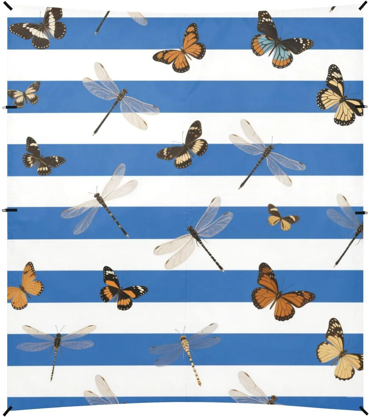 Blue White Striped Butterfly Dragonfly Foldable Beach Canopy UPF50 Lightweight Large Sun Shelter with Sandbags & Sand Shovel for Family Trips, Picnics & Camping