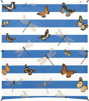 Blue White Striped Butterfly Dragonfly Foldable Beach Canopy UPF50 Lightweight Large Sun Shelter with Sandbags & Sand Shovel for Family Trips, Picnics & Camping
