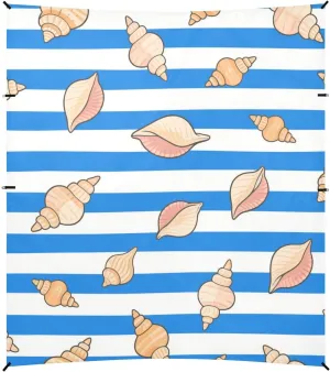 Blue White Striped Sea Shell Beach Canopy UPF50  Protection Lightweight Large Portable Sun Shelter with Sandbags, Sand Shovel, Poles for Family Travel