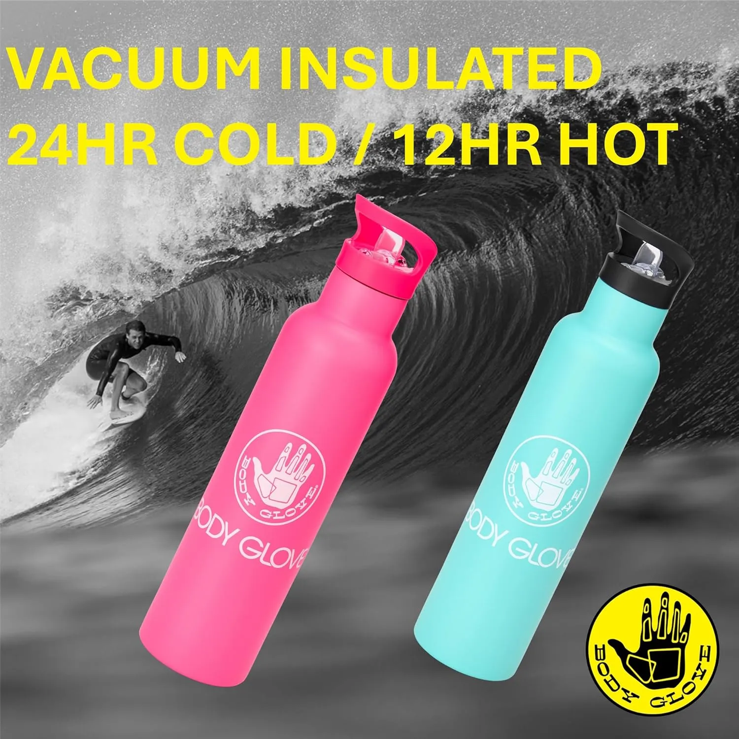 BODY GLOVE 25oz Stainless Steel Vacuum Insulated Water Bottle with Straw and Flip Lid, Thermal Flask for Sports, Work, School (TURQUOISE/25oz)