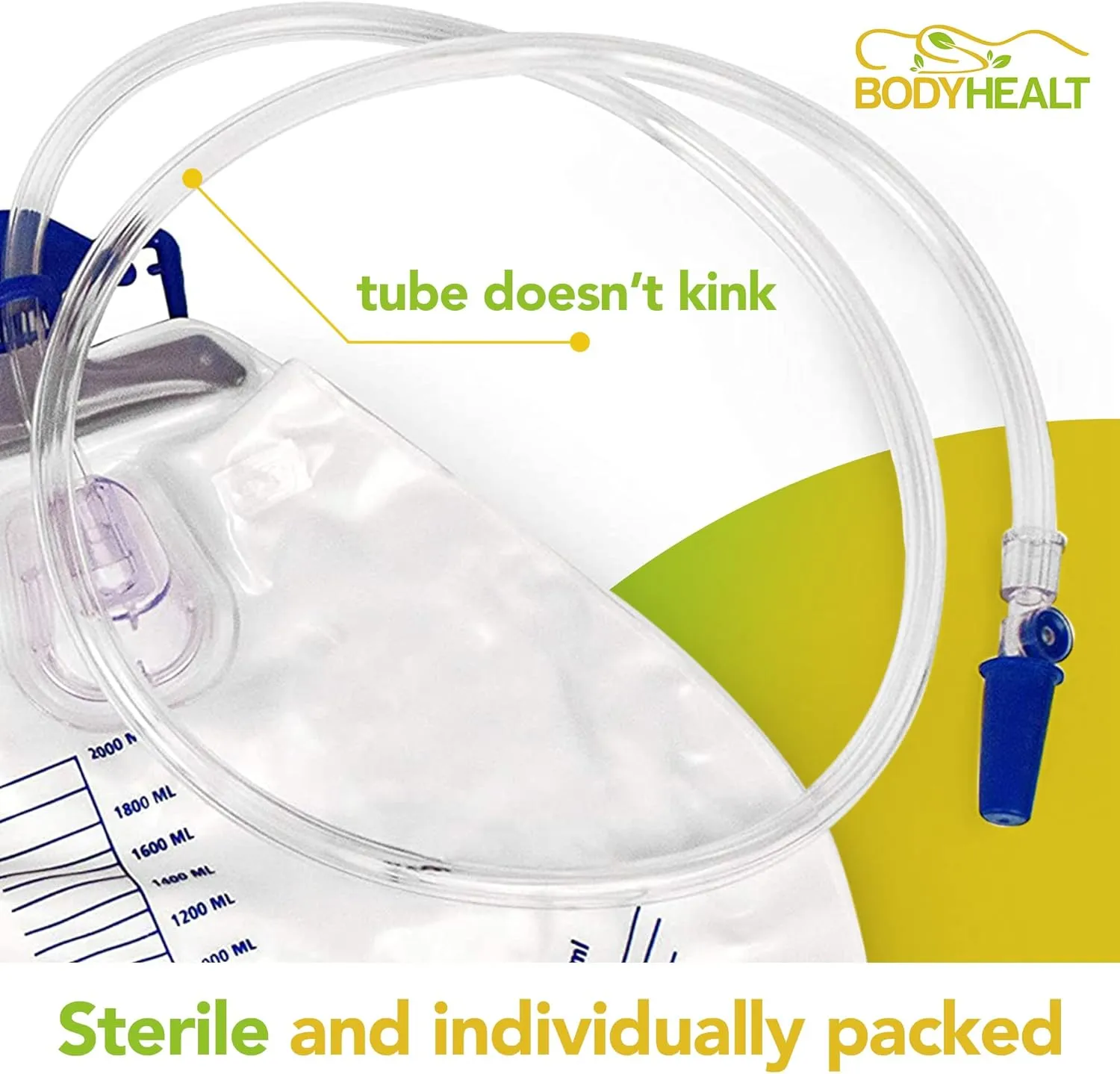 BodyHealt Urinary Drainage Bag with Anti-Reflux Chamber Urine Bag with 2000 mL Volume & 48" Drainage Tube Vinyl Catheter Bags Urine Bags for Men & Women Foley Catheter Bag for Home & Hospital(20 Pack)