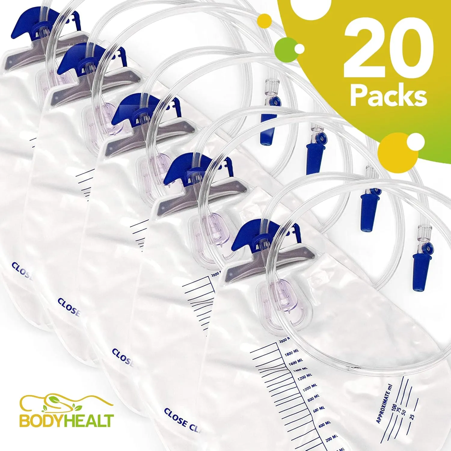 BodyHealt Urinary Drainage Bag with Anti-Reflux Chamber Urine Bag with 2000 mL Volume & 48" Drainage Tube Vinyl Catheter Bags Urine Bags for Men & Women Foley Catheter Bag for Home & Hospital(20 Pack)
