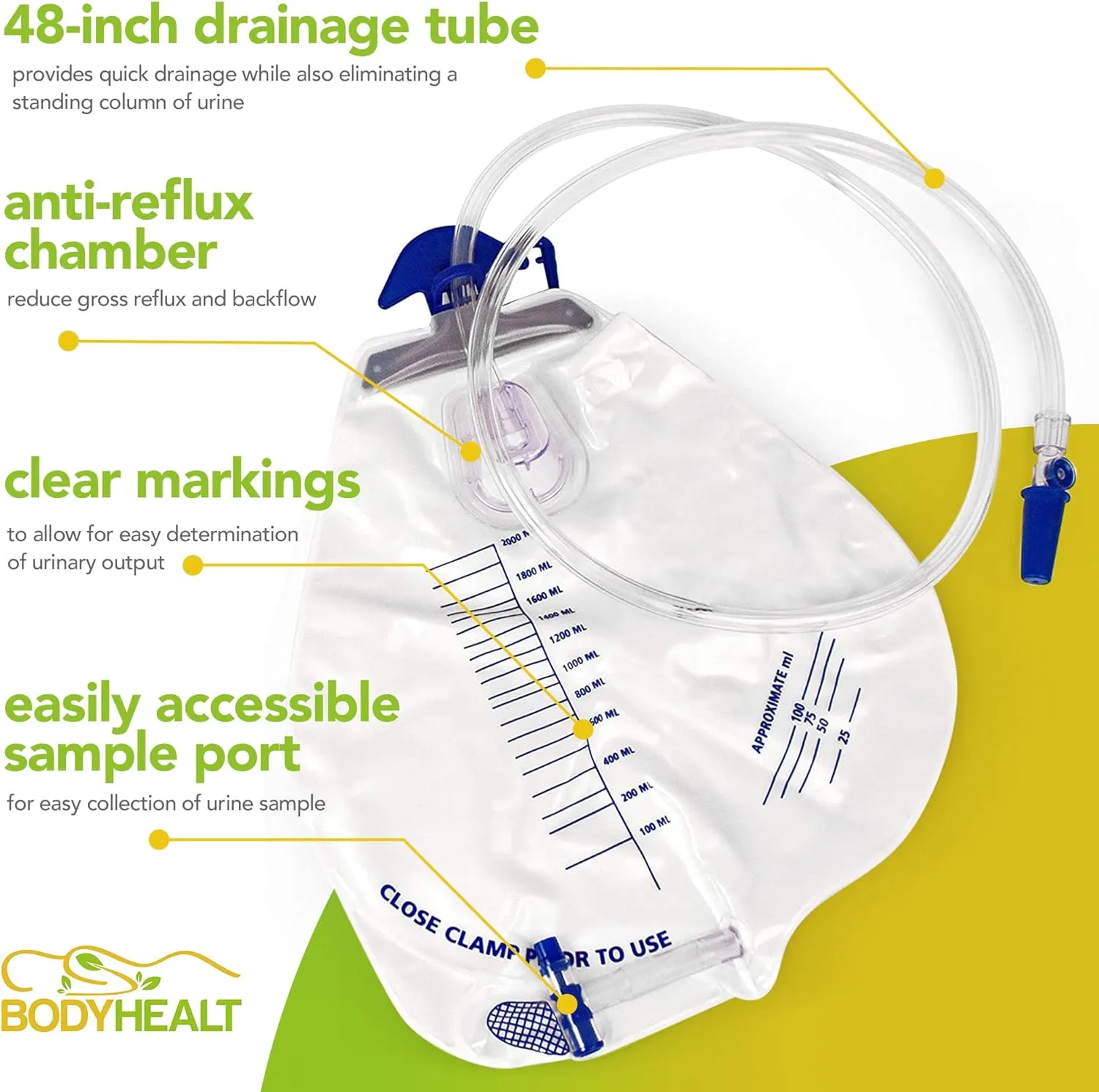BodyHealt Urinary Drainage Bag with Anti-Reflux Chamber Urine Bag with 2000 mL Volume & 48" Drainage Tube Vinyl Catheter Bags Urine Bags for Men & Women Foley Catheter Bag for Home & Hospital(20 Pack)