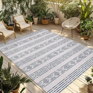 Boho Navy Blue Outdoor Rug 5x8ft Large Patio Rug,Washable RV Camping Outside Area Runner Rug Mat,Vintage Tribe Texture Abstract Striped Carpet for Picnic Backyard Deck Porch Balcony Beach & Indoor