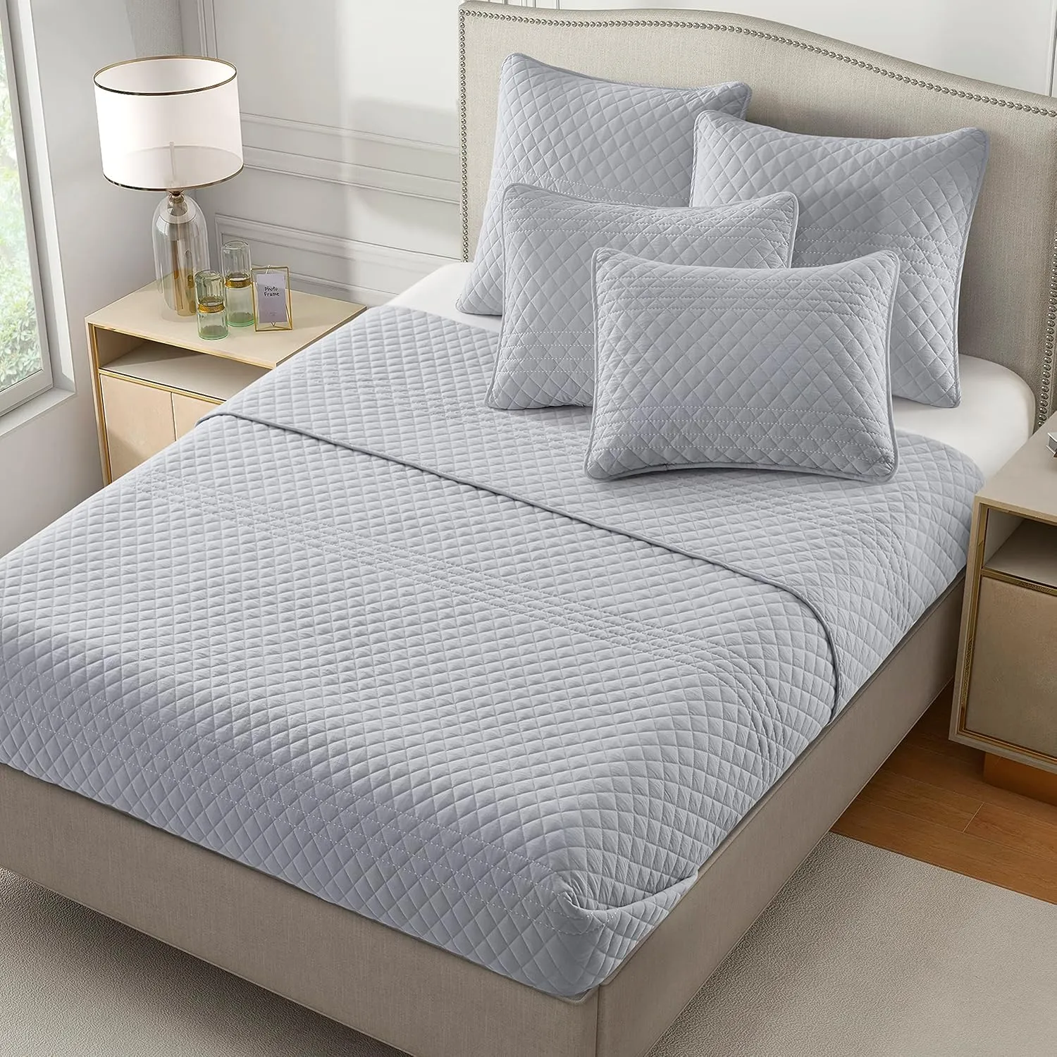 Bonlino Barley Bedding Quilt Set Bedspread - Lightweight Quilt Set Summer Farmhouse Modern Boho Style Striped Bedspread Coverlet with 2 Pillow Shams for Home Bedroom All Season (Grey, Oversized King)