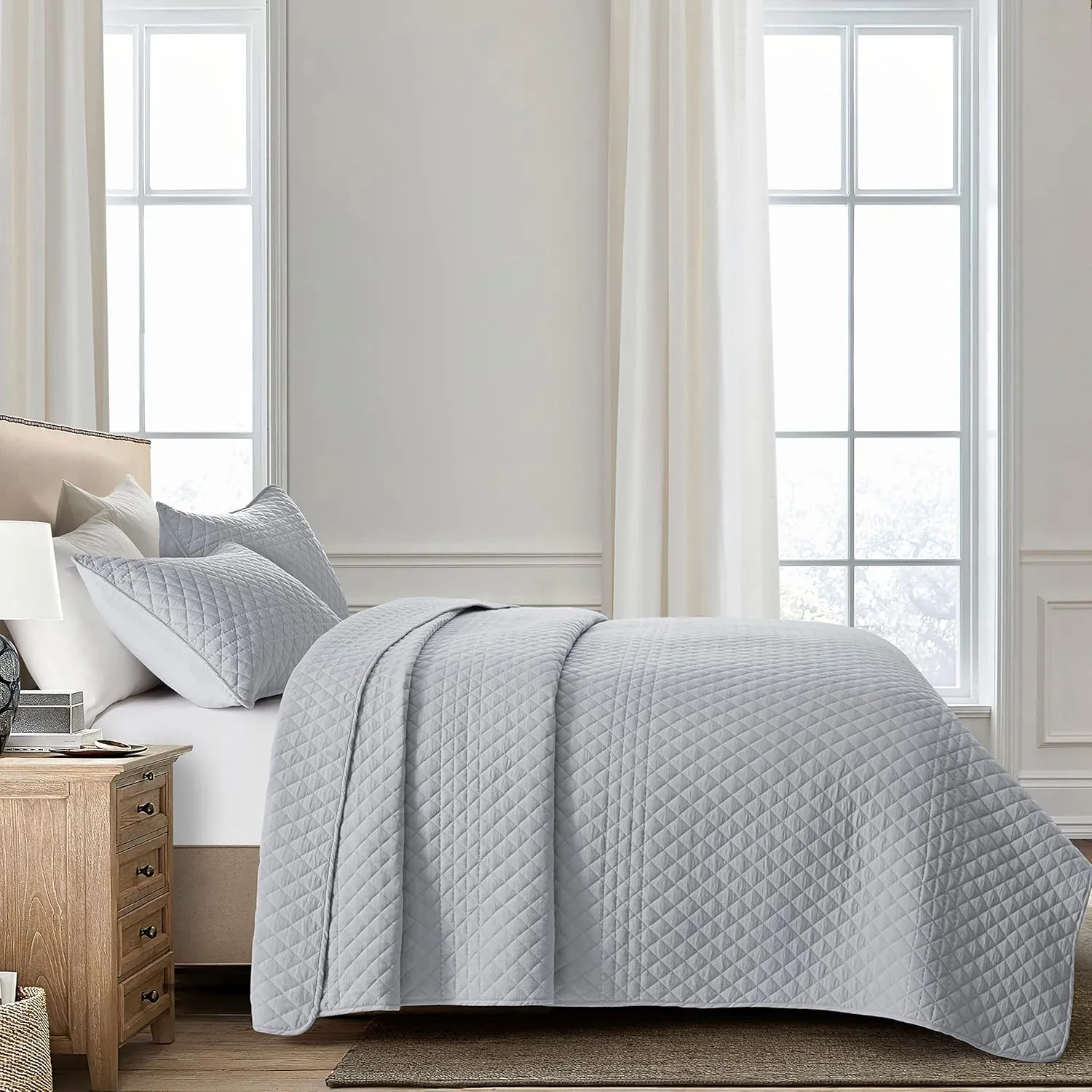 Bonlino Barley Bedding Quilt Set Bedspread - Lightweight Quilt Set Summer Farmhouse Modern Boho Style Striped Bedspread Coverlet with 2 Pillow Shams for Home Bedroom All Season (Grey, Oversized King)