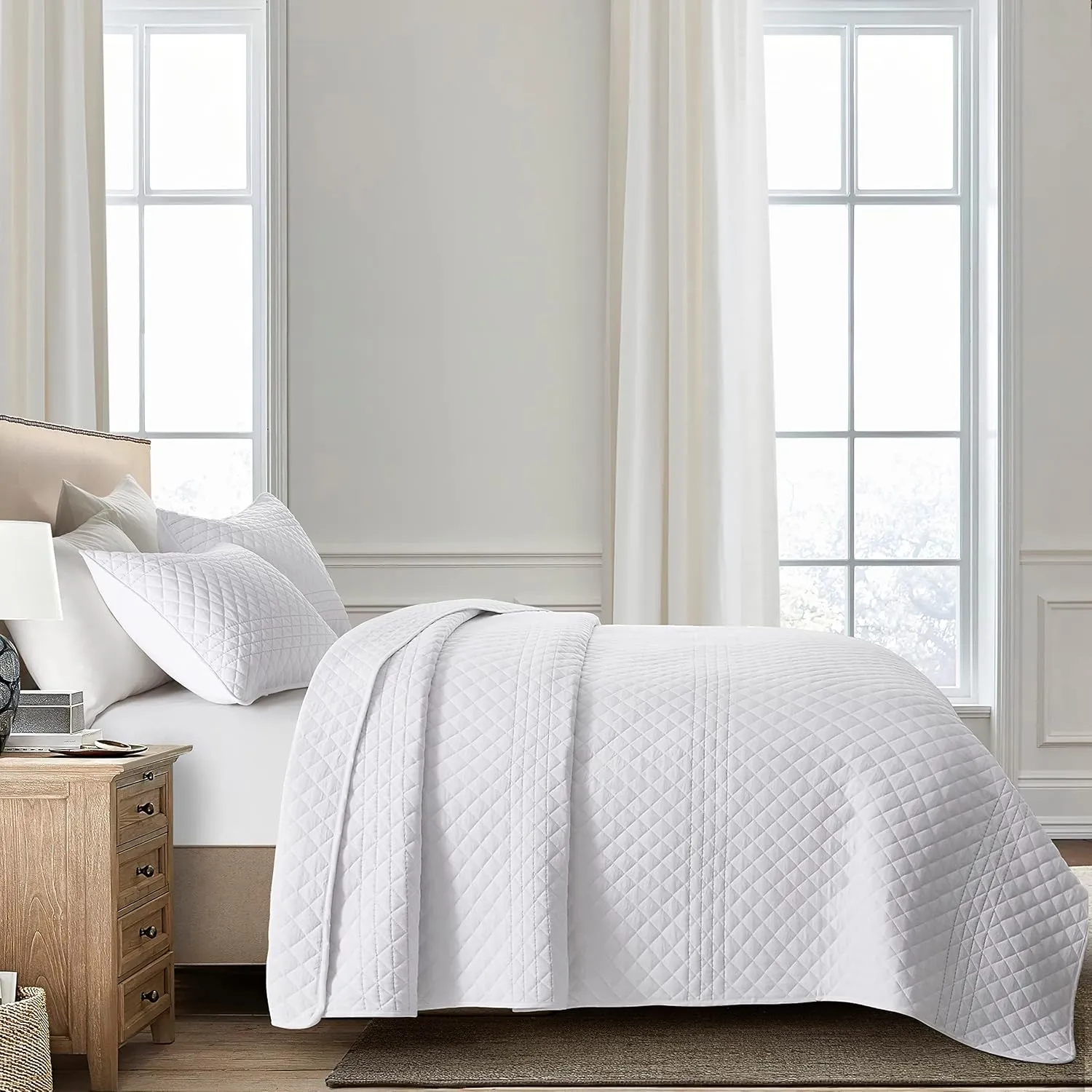 Bonlino Barley Bedding Quilt Set Bedspread - Lightweight Quilt Set Summer Farmhouse Modern Boho Style Striped Bedspread Coverlet with 2 Pillow Shams for Home Bedroom All Season (White, King)