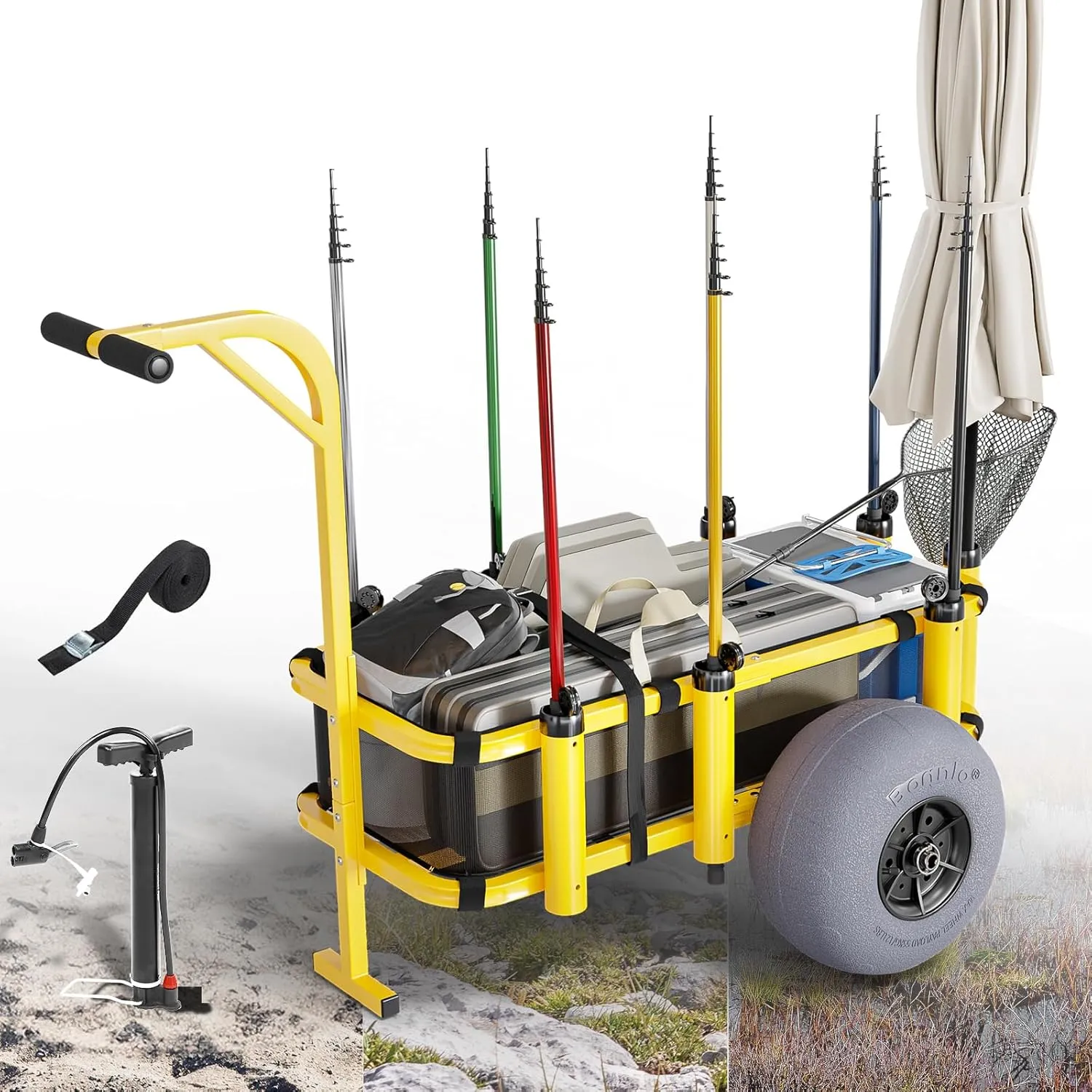 Bonnlo Fishing Cart, Foldable Beach Trailer with 13" Big Balloon Wheels, Sand Wagon Trolley, 300 lbs Load Capacity, 8 Fishing Rod Holders, Mesh Bag, Hand Pump