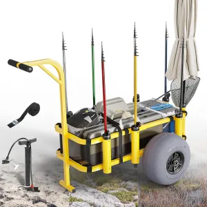 Bonnlo Fishing Cart, Foldable Beach Trailer with 13" Big Balloon Wheels, Sand Wagon Trolley, 300 lbs Load Capacity, 8 Fishing Rod Holders, Mesh Bag, Hand Pump