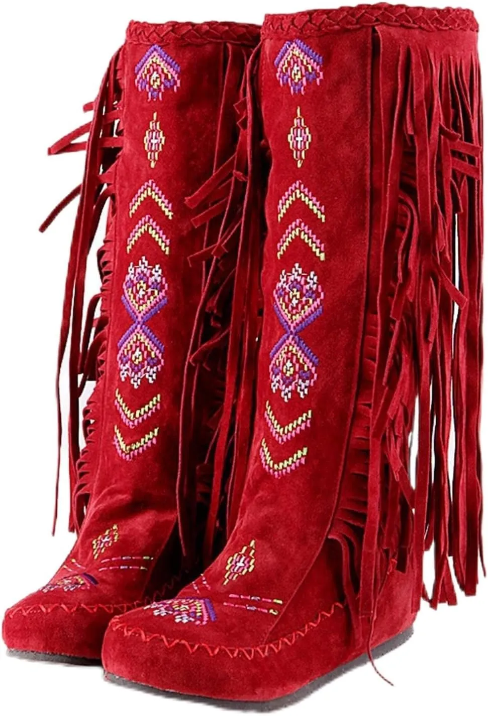 BORAMAX Women's Fringe Western Boots, Suede Embroidered Closure Fringe Mid Calf Knee High Flat Boots Long Snow Tassel Boots