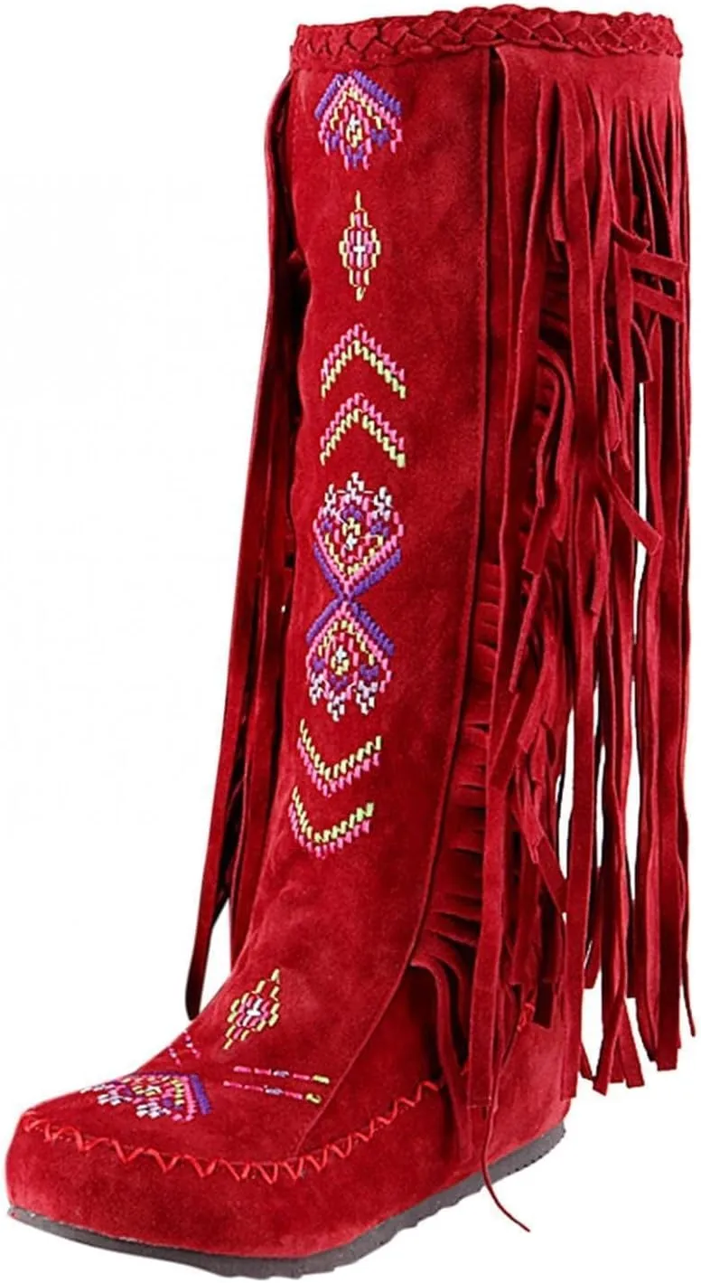 BORAMAX Women's Fringe Western Boots, Suede Embroidered Closure Fringe Mid Calf Knee High Flat Boots Long Snow Tassel Boots