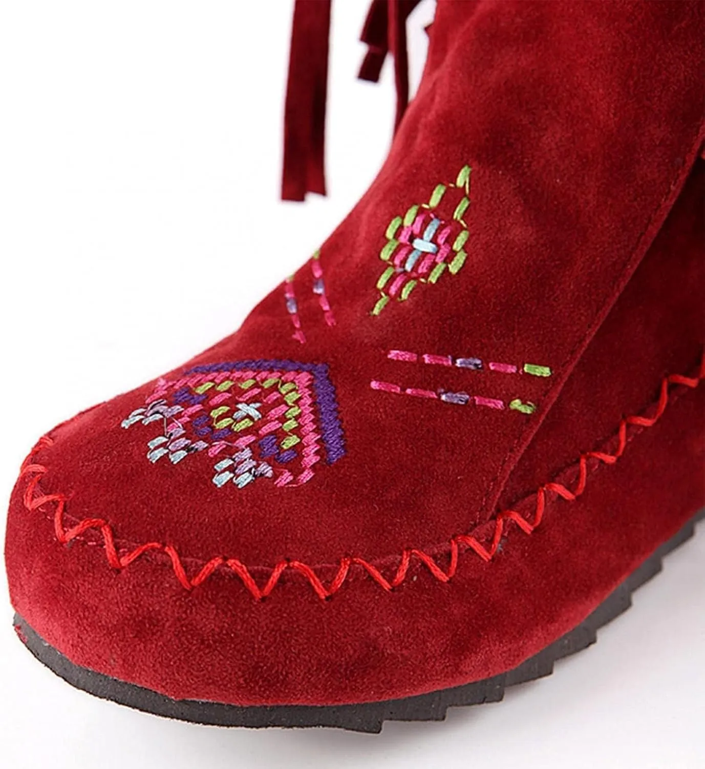 BORAMAX Women's Fringe Western Boots, Suede Embroidered Closure Fringe Mid Calf Knee High Flat Boots Long Snow Tassel Boots